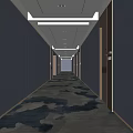 Hotel Corridor Featuring Dark Walls Blue White Patterned Carpet Recessed Lighting Golden Elevator Door Frames