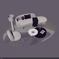 Modern White Sofa Coffee Table Set with Black Cushions Throw Blanket Round Rug Floor Lamp