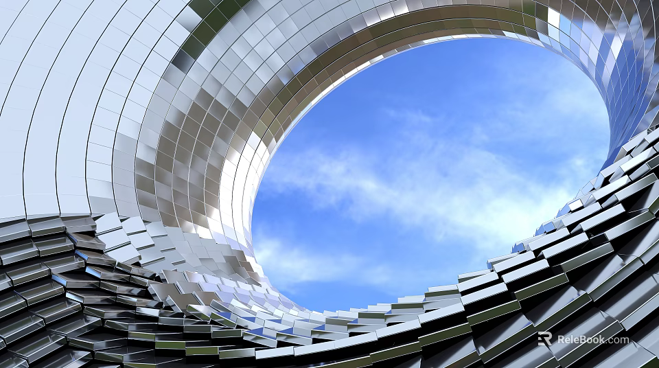 Modern Metallic Circular Structure With Reflective Panels And Blue Sky View 3d model 