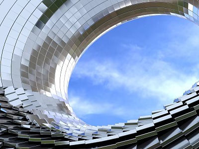 Modern Metallic Circular Structure With Reflective Panels And Blue Sky View 3d model