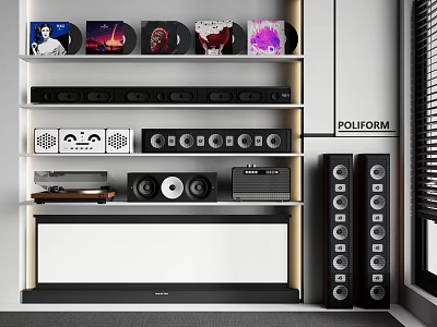 Premium Home Audio Setup With Speakers Vinyl Records On Poliform Shelf 3d model