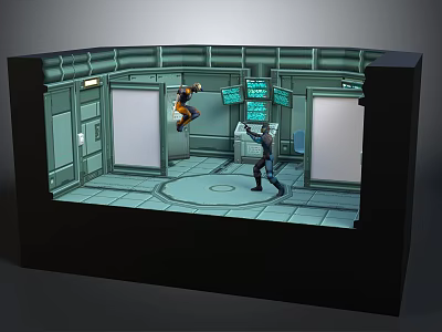 3D Futuristic Room Scene With Two Characters Interacting Near Tech Control Panels 3d model