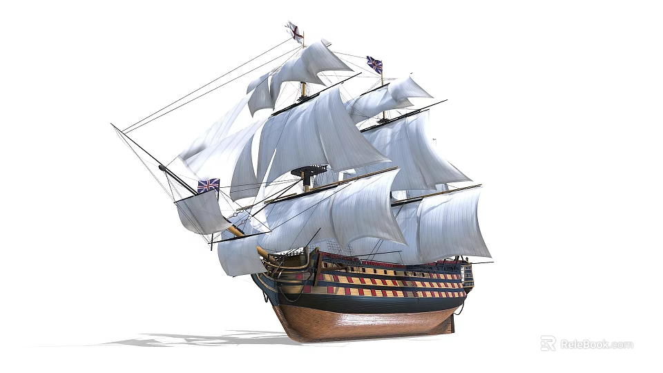 Classic Wooden Sailing Ship Railings With White Sails And Brown Hull 3d model 