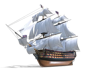 Classic Wooden Sailing Ship Railings With White Sails And Brown Hull 3d model