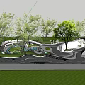 Outdoor Children's Play Area With Green Grass Trees And Playground Equipment For Kids Playing