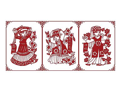 Traditional Paper Cut Artwork Featuring Three Figures in Traditional Costumes With Floral Decorations 3d model