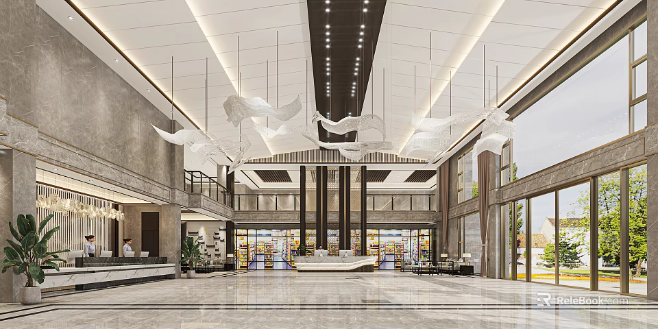 Luxurious Hotel Lobby Interior With High Ceiling White Hanging Decorations And Marble Floor 3d model 