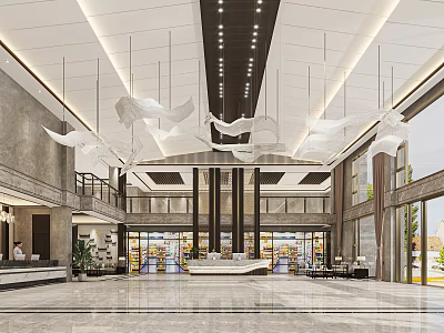 Luxurious Hotel Lobby Interior With High Ceiling White Hanging Decorations And Marble Floor 3d model