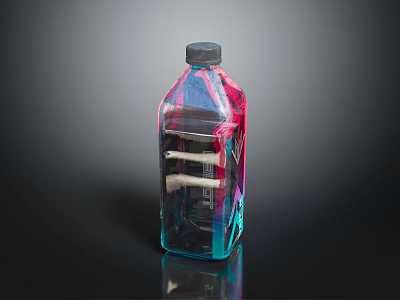 Transparent Beverage Bottle In Blue Red Gradient With Black Cap On Dark Reflective Background 3d model
