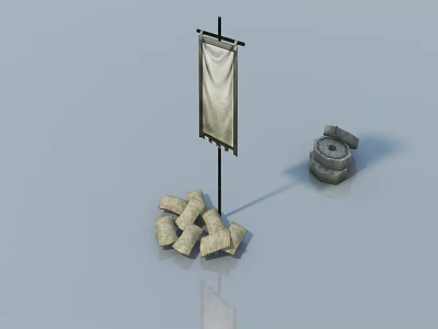 Swing Door in Scene with Vertical Billboard Pile of Bags and Clay Pot 3d model