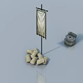 Swing Door in Scene with Vertical Billboard Pile of Bags and Clay Pot