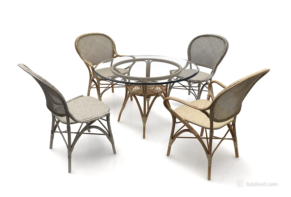 Round Glass Top Dining Table Set With Four Rattan Chairs 3d model 