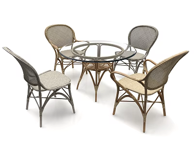 Round Glass Top Dining Table Set With Four Rattan Chairs 3d model
