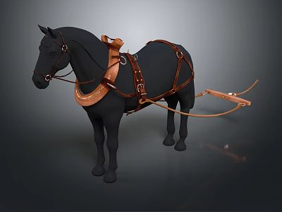 Horse Riding Equipment With Brown Saddle Harness And Wooden Traction Device 3d model