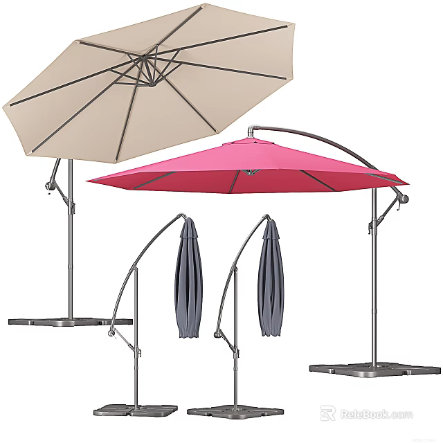 Outdoor Sunshade with Beige Pink Canopies Curved Poles and Foldable Metal Base Design 3d model 