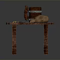 Rustic Wooden Table With Wooden Bucket Clay Pot And Knife On Top