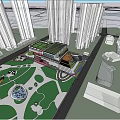 Tall modern buildings surrounding urban park with green spaces circular pathways and central structure