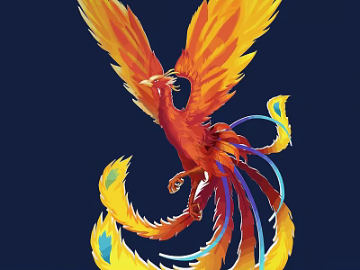 Game Movie Character Phoenix Vibrant Orange Red Yellow Blue Feathers Spread Wings Dark Blue Background 3d model