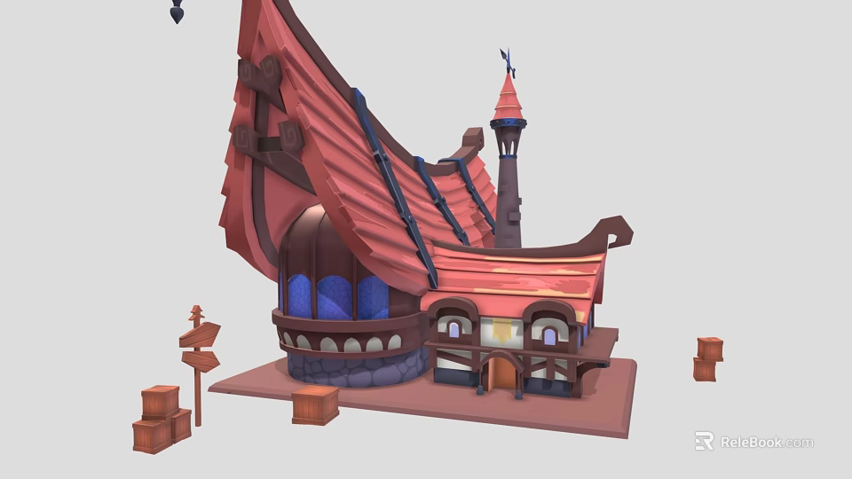 Cartoon Style Ship Shaped Building with Red Roof Blue Windows Spire and Wooden Barrels Signpost 3d model 