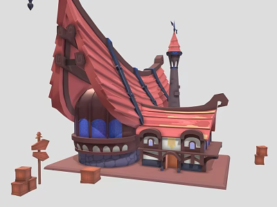 Cartoon Style Ship Shaped Building with Red Roof Blue Windows Spire and Wooden Barrels Signpost 3d model