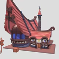 Cartoon Style Ship Shaped Building with Red Roof Blue Windows Spire and Wooden Barrels Signpost