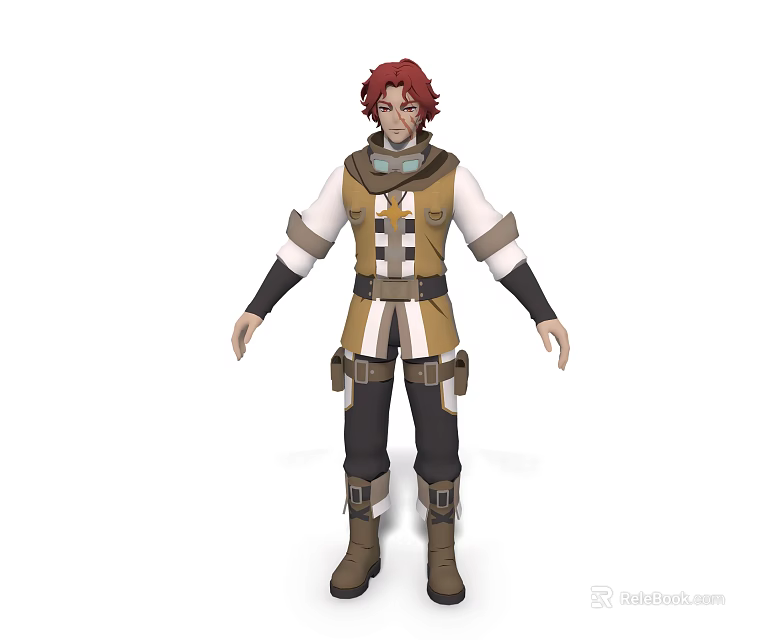 Red Haired Man In White Shirt Brown Vest Black Pants Brown Boots And Wrist Guards 3d model 