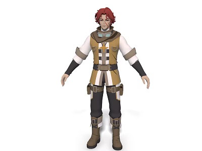 Red Haired Man In White Shirt Brown Vest Black Pants Brown Boots And Wrist Guards 3d model