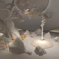 Art Installation Featuring Pink Flowering Tree Rock Formations Circular Window And Illuminated Blue Sky Moon