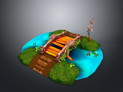 Scenic Miniature Landscape With Wooden Bridge Blue Water Green Grass Lotus Flowers And Tall Crane 3d model