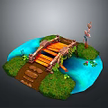 Scenic Miniature Landscape With Wooden Bridge Blue Water Green Grass Lotus Flowers And Tall Crane
