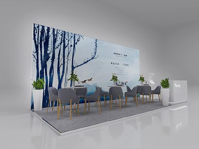 Modern Indoor Seating Area With Blue White Tree Pattern Wall Gray Chairs And Green Plants 3d model