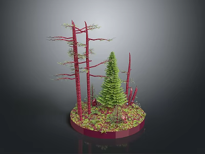 Miniature Forest Scene With Red Trunk Trees Green Pine And Red Green Ground Cover 3d model