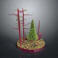 Miniature Forest Scene With Red Trunk Trees Green Pine And Red Green Ground Cover