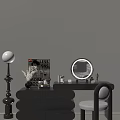 Black Dressing Table With Round Mirror Cosmetics Decor And Stylish Chair 3d model