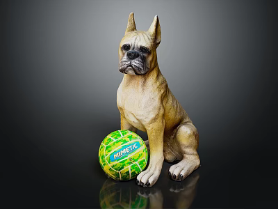 Sitting Boxer Dog Statue With MITRE Soccer Ball On Black Background 3d model