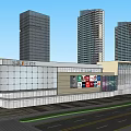 Modern Commercial Complex Featuring Tall Buildings Glass Facade And Retail Spaces With Billboards