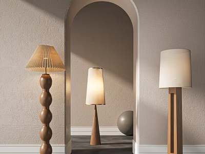 Stylish Floor Lamps With Diverse Designs And Wooden Bases In Interior Space 3d model