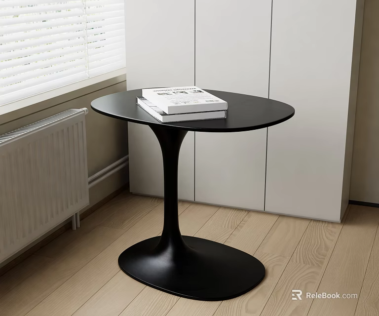 Modern Black Round Table in Living Room with Wooden Floor White Cabinets Window and Books 3d model 