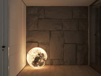 Moon Shaped Illuminated Floor Lamp In Modern Room With Stone Wall And Wooden Floor 3d model