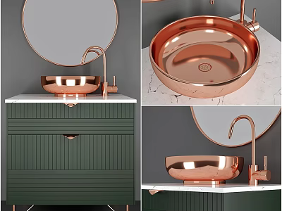 Copper Basin Bathroom Vanity With Green Cabinet Marble Countertop And Round Mirror 3d model
