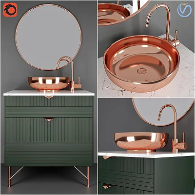 Copper Basin Bathroom Vanity With Green Cabinet Marble Countertop And Round Mirror 3d model