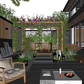 Modern Garden Space With Wooden Pergola Climbing Flowers Outdoor Seating And Green Plants