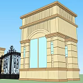 Classical Entrance Gate with Black Iron Design Stone Pillars and Decorative Patterns 3d model