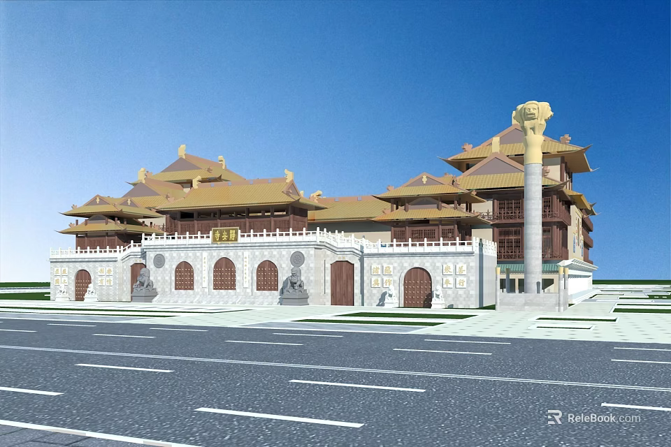 Traditional Chinese Ancient Architecture With Golden Roofs Multi Tiered Eaves And Stone Columns 3d model 