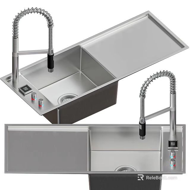 Stainless Steel Double Bowl Kitchen Sink With Pull Out Faucet And Control Panel 3d model 