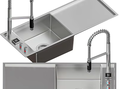 Stainless Steel Double Bowl Kitchen Sink With Pull Out Faucet And Control Panel 3d model