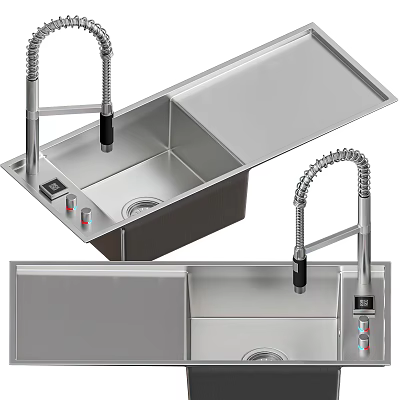 Stainless Steel Double Bowl Kitchen Sink With Pull Out Faucet And Control Panel 3d model