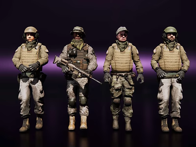 Four Game and Movie Military Characters in Tactical Gear with Weapons on Dark Background 3d model
