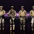 Four Game and Movie Military Characters in Tactical Gear with Weapons on Dark Background