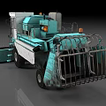 Teal wheeled agricultural harvester with large reaping mechanism and operator cabin